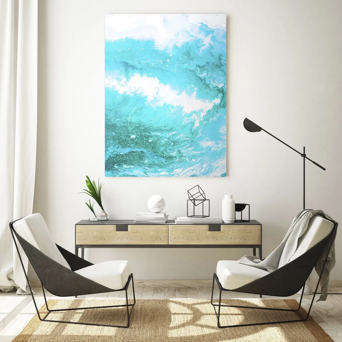 Quadro su vetro - Una composizione astratta raffigurante onde e vortici turchesi. - 50x70cm - Nel vortice degli elementi - Decorazione murale moderna per soggiorno e camera da letto ARTTOR