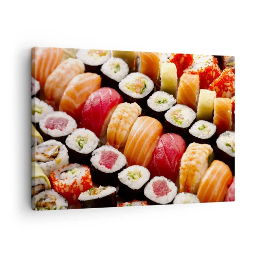 Quadro su tela - Stampe su Tela - Sushi colorati disposti in file con vari condimenti - 70x50cm - Colori e sapori dell'Asia - Decorazione murale moderna per soggiorno e camera da letto ARTTOR