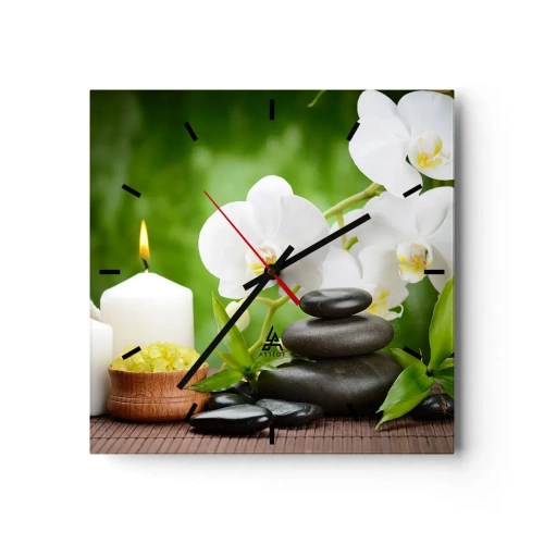 Orologio da parete - Orologio in Vetro - Orchidee, candele e pietre immerse nella natura - 30x30cm - Tocco delicato, fragrante, floreale - Decorazione murale moderna per soggiorno e camera da letto ARTTOR