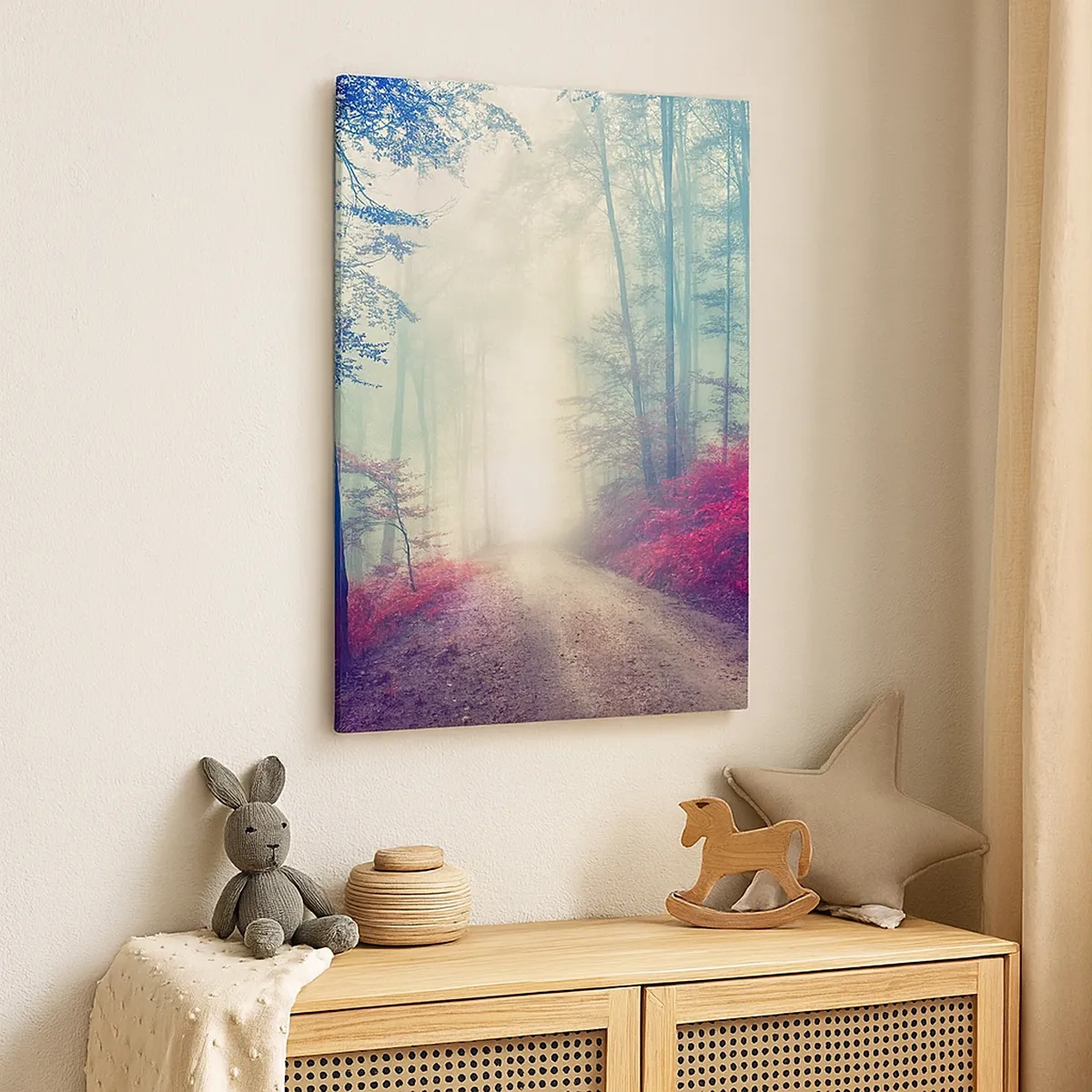 Quadro su tela - Stampe su Tela - Un magico sentiero nel bosco circondato da alberi e nebbia - 50x70cm - Come è bello alzarsi all'alba - Decorazione murale moderna per soggiorno e camera da letto ARTTOR