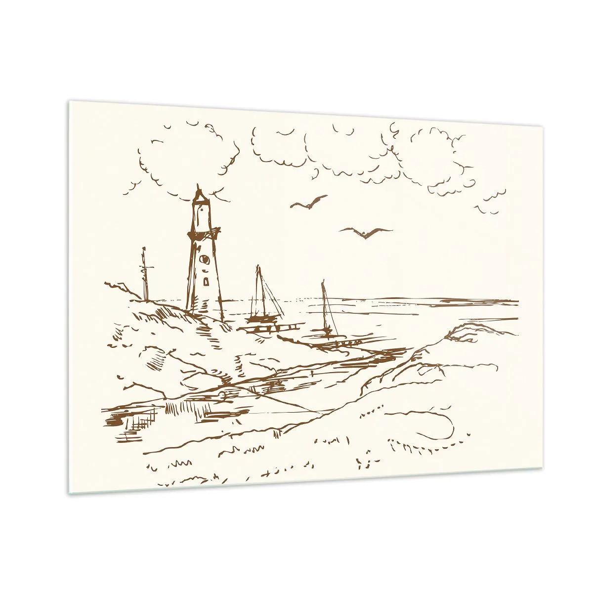 Quadro su vetro - Schizzo di un faro in un paesaggio costiero - 100x70cm - Schizzo dei ricordi d'estate - Decorazione murale moderna per soggiorno e camera da letto ARTTOR