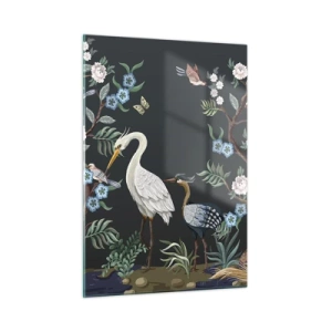 Quadro su vetro - Uccelli colorati tra rami fioriti su uno sfondo scuro - 50x70cm - La parata degli uccelli - Decorazione murale moderna per soggiorno e camera da letto ARTTOR