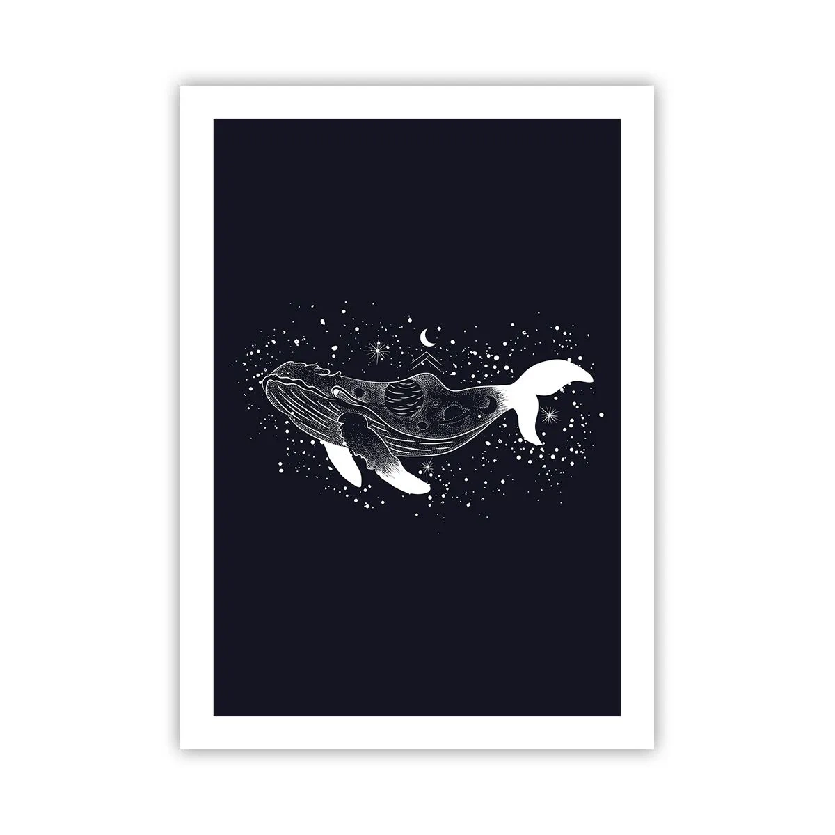 Poster - Una balena spaziale in stile grafico su sfondo nero - 50x70cm - Nell'oceano dell'universo - Decorazione murale moderna per soggiorno e camera da letto ARTTOR