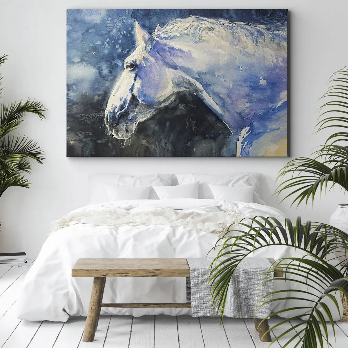 Quadro su tela - Stampe su Tela - Ritratto di un cavallo nei toni del blu con effetto acquerello pittorico. - 70x50cm - Ritratto in luce blu - Decorazione murale moderna per soggiorno e camera da letto ARTTOR