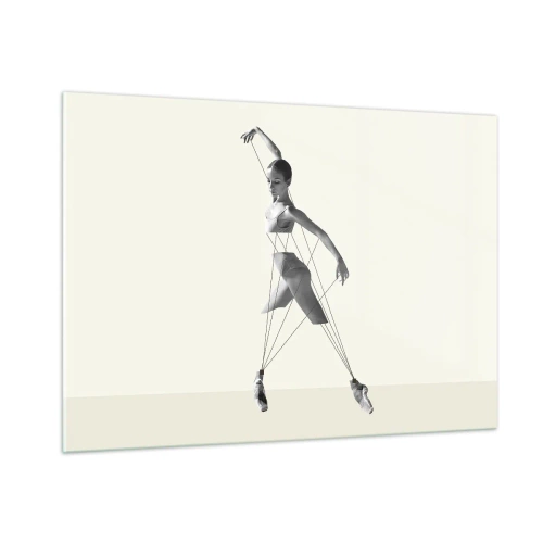 Quadro su vetro - Silhouette in bianco e nero di una ballerina con motivo a linee geometriche - 100x70cm - Nel teatro del mondo - Decorazione murale moderna per soggiorno e camera da letto ARTTOR