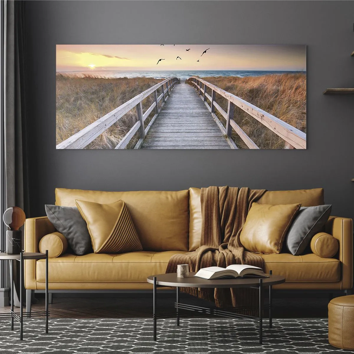 Quadro su vetro - Molo di legno che conduce alla spiaggia al tramonto - 120x50cm - Spazio per volare - Decorazione murale moderna per soggiorno e camera da letto ARTTOR