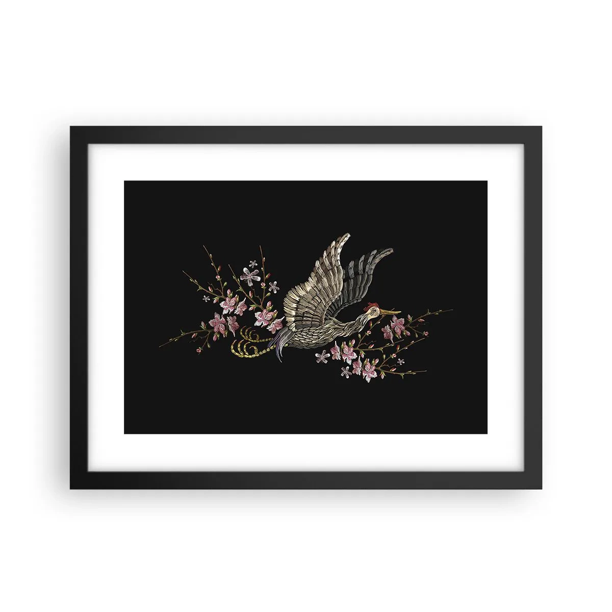 Poster in cornice nera - Uccello esotico ricamato - 40x30 cm