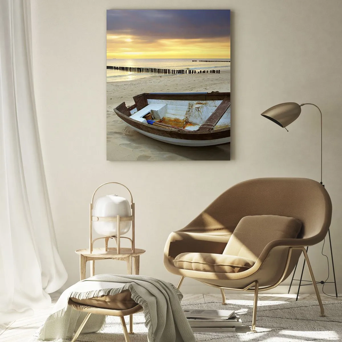 Quadro su vetro - Una barca su una spiaggia sabbiosa all'alba - 50x70cm - Non vi sono spiagge più belle - Decorazione murale moderna per soggiorno e camera da letto ARTTOR