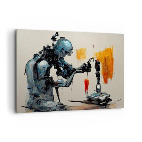 Quadro su tela - Stampe su Tela - Robot al lavoro con sfondo astratto - 100x70cm - È già domani... - Decorazione murale moderna per soggiorno e camera da letto ARTTOR