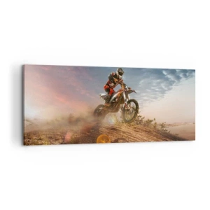 Quadro su tela - Stampe su Tela - Motociclista tra le dune al tramonto - 120x50cm - Verso la vittoria - Decorazione murale moderna per soggiorno e camera da letto ARTTOR