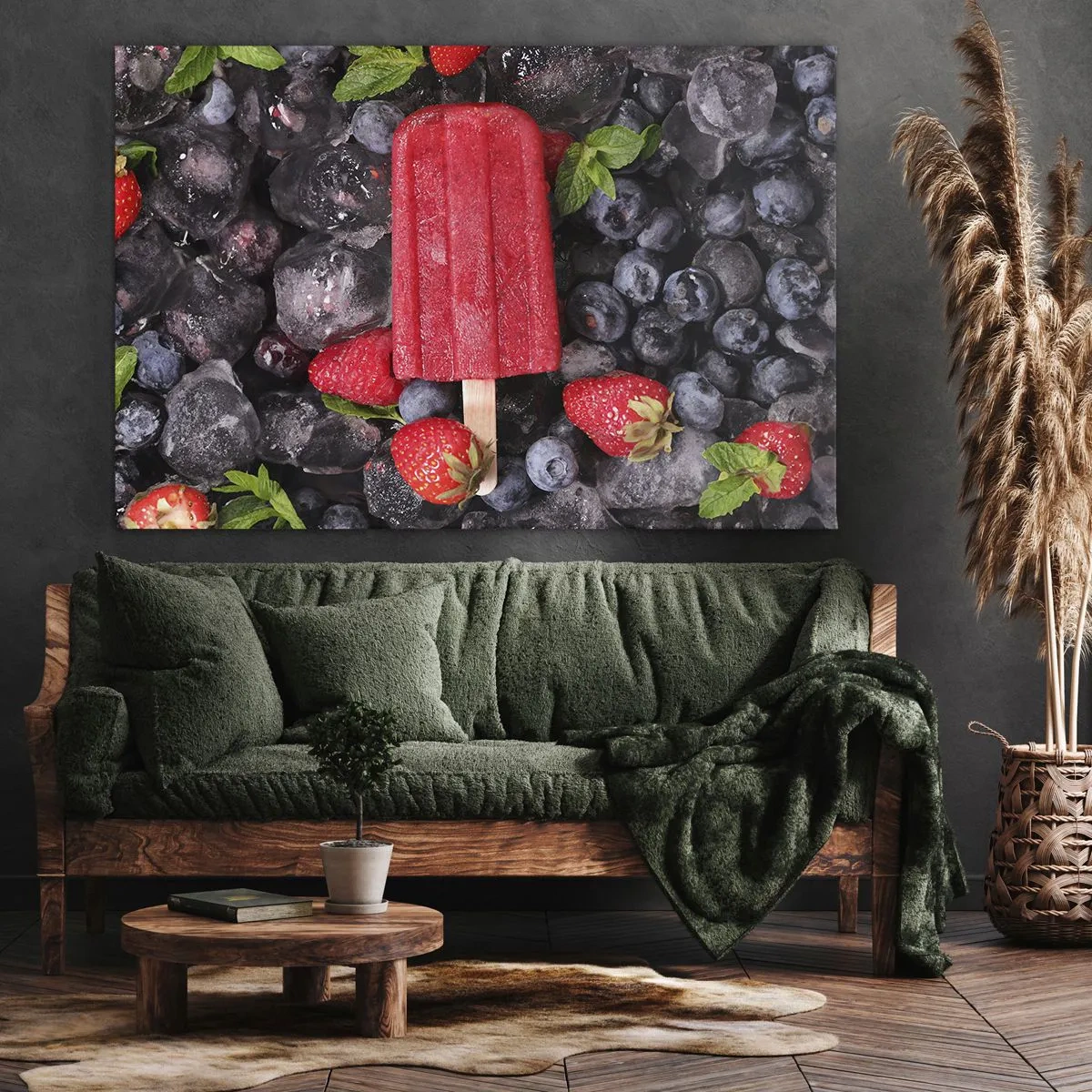 Quadro su tela - Stampe su Tela - Ghiacciolo rosso circondato da frutta e ghiaccio - 120x80cm - Il sapore della calda estate - Decorazione murale moderna per soggiorno e camera da letto ARTTOR