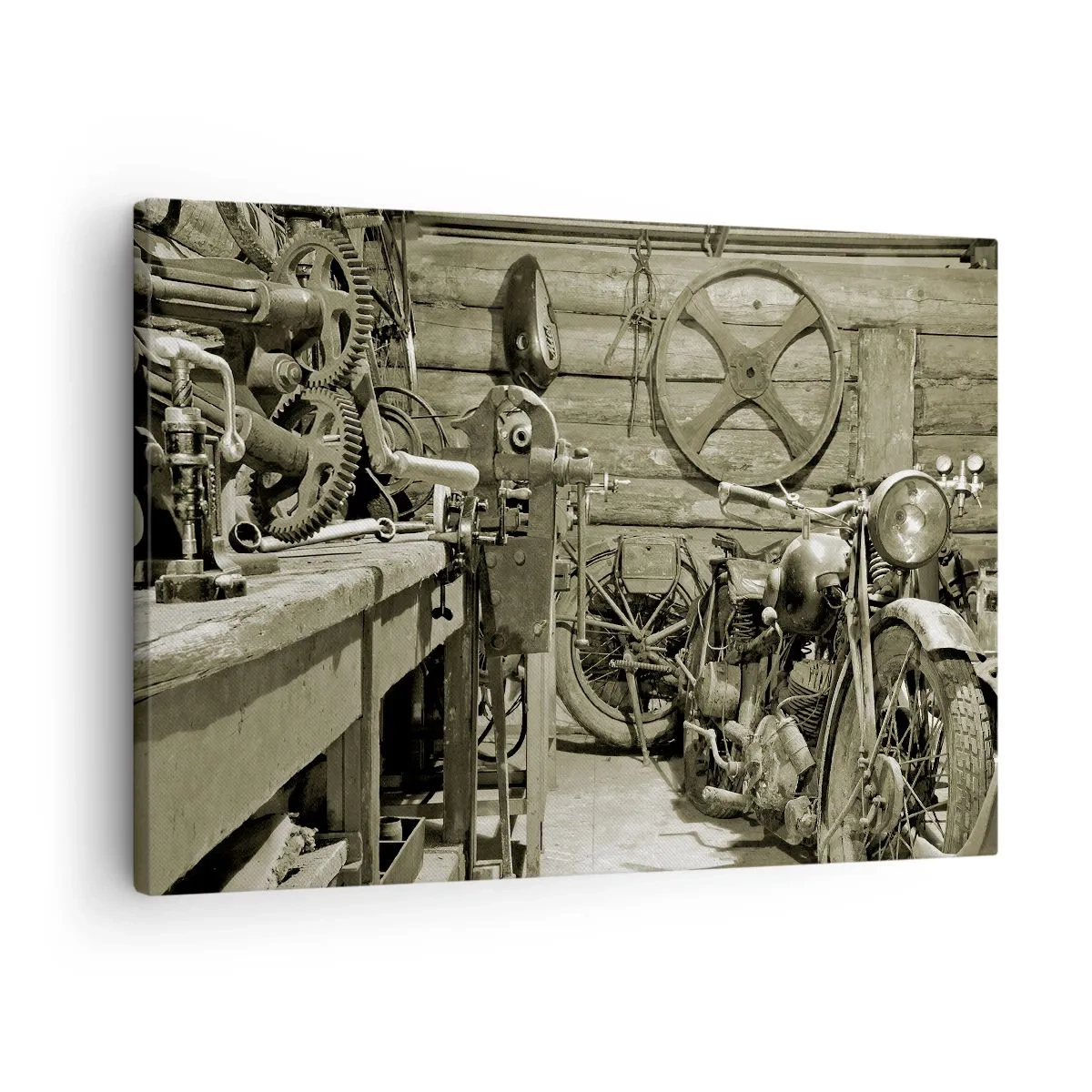Quadro su tela - Stampe su Tela - Officina retrò con motociclette e attrezzi - 70x50cm - Nel capanno di zio Alfredo - Decorazione murale moderna per soggiorno e camera da letto ARTTOR