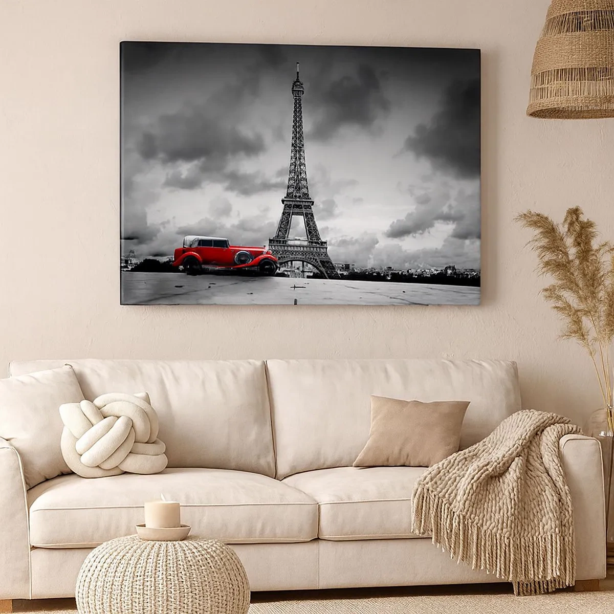 Quadro su tela - Stampe su Tela - Auto retrò rossa davanti alla Torre Eiffel in bianco e nero - 70x50cm - Non molto tempo fa a Parigi - Decorazione murale moderna per soggiorno e camera da letto ARTTOR