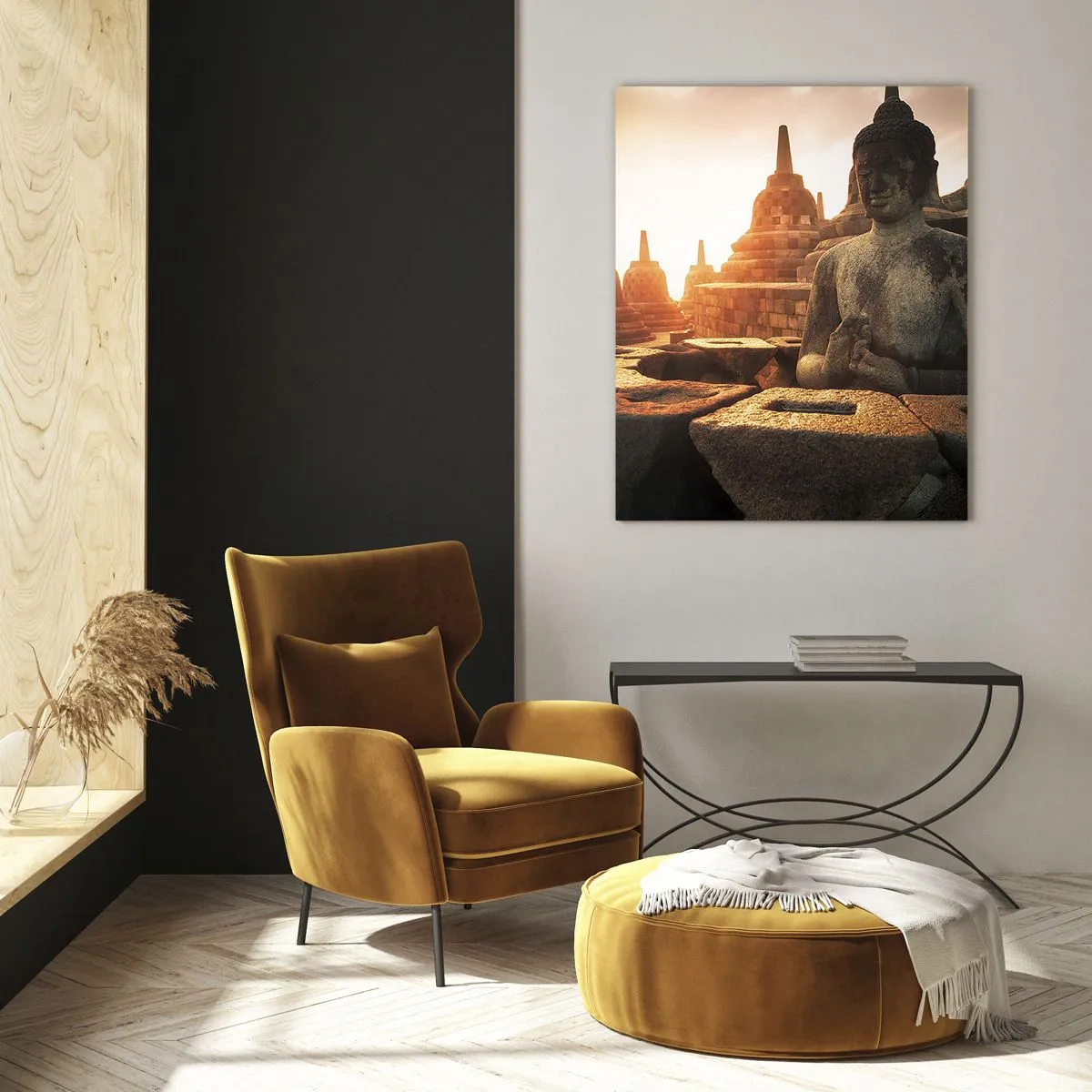 Quadro su vetro - Statua del Buddha al tempio di Borobudur al tramonto - 80x120cm - La pagoda della grande saggezza - Decorazione murale moderna per soggiorno e camera da letto ARTTOR
