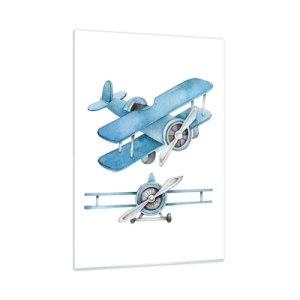 Quadro su vetro - Aeroplani retrò blu su sfondo bianco per bambini - 50x70cm - Nato per vincere - Decorazione murale moderna per soggiorno e camera da letto ARTTOR