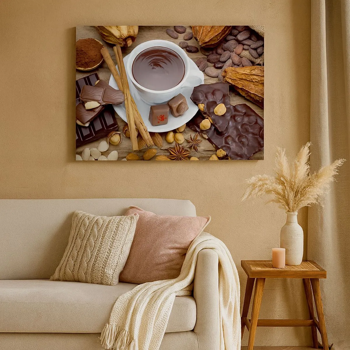 Quadro su tela - Stampe su Tela - Una tazza di cioccolata calda circondata da ingredienti per dessert - 70x50cm - Dalla fantastica fabbrica di cioccolato - Decorazione murale moderna per soggiorno e camera da letto ARTTOR