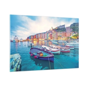 Quadro su vetro - Vista serale delle Cinque Terre con i suoi edifici colorati - 100x70cm - Sera colorata nel porto - Decorazione murale moderna per soggiorno e camera da letto ARTTOR
