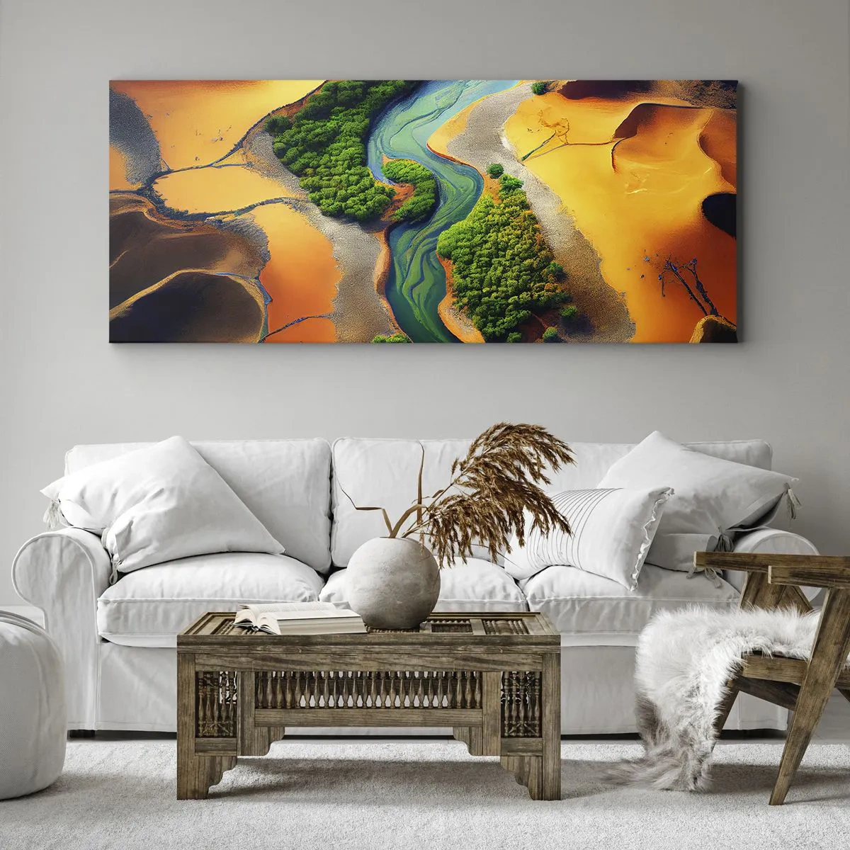 Quadro su tela - Stampe su Tela - Un fiume verde circondato da sabbie dorate e vegetazione - 140x50cm - Il fiume della vita - Decorazione murale moderna per soggiorno e camera da letto ARTTOR