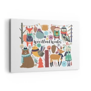 Quadro su tela - Stampe su Tela - Animali della foresta invernale in grafica colorata - 100x70cm - Le feste incantate nel bosco - Decorazione murale moderna per soggiorno e camera da letto ARTTOR