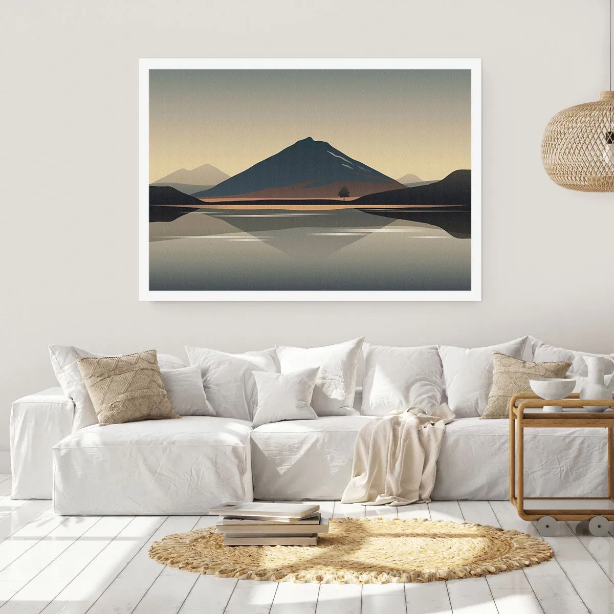 Poster - Paesaggio montano minimalista con riflesso nell'acqua - 100x70cm - Immagine speculare - Decorazione murale moderna per soggiorno e camera da letto ARTTOR