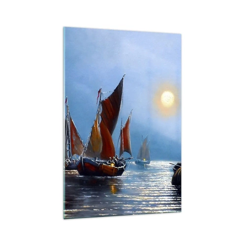 Quadro su vetro - Barche con le vele su acque calme al tramonto - 70x100cm - Pesca notturna - Decorazione murale moderna per soggiorno e camera da letto ARTTOR