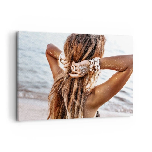 Quadro su tela - Stampe su Tela - Una donna sulla spiaggia con i capelli che svolazzano al sole - 120x80cm - Sorella dell'acqua e del sole - Decorazione murale moderna per soggiorno e camera da letto ARTTOR