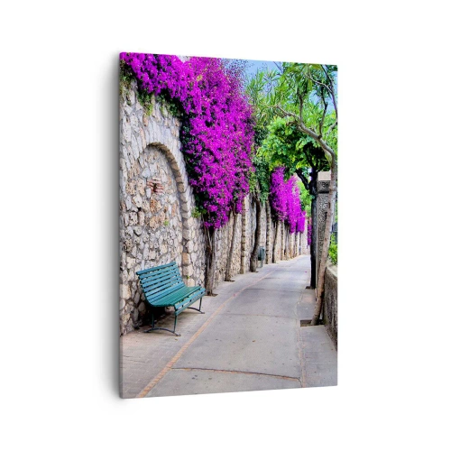 Quadro su tela - Stampe su Tela - Un sentiero in pietra con una panchina e fiori viola in fiore - 50x70cm - Incontriamoci al più presto - Decorazione murale moderna per soggiorno e camera da letto ARTTOR