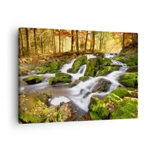 Quadro su tela - Stampe su Tela - Un paesaggio boscoso con una cascata circondata dal muschio - 70x50cm - Rapido nel bosco autunnale - Decorazione murale moderna per soggiorno e camera da letto ARTTOR
