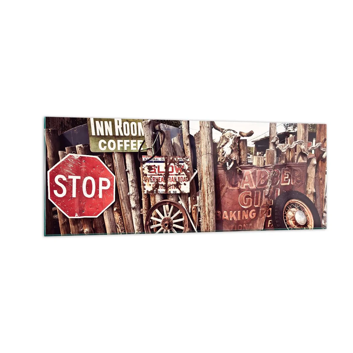 Quadro su vetro - Decorazioni rustiche con cartelli e una ruota sulla recinzione - 140x50cm - E il tempo si è fermato - Decorazione murale moderna per soggiorno e camera da letto ARTTOR