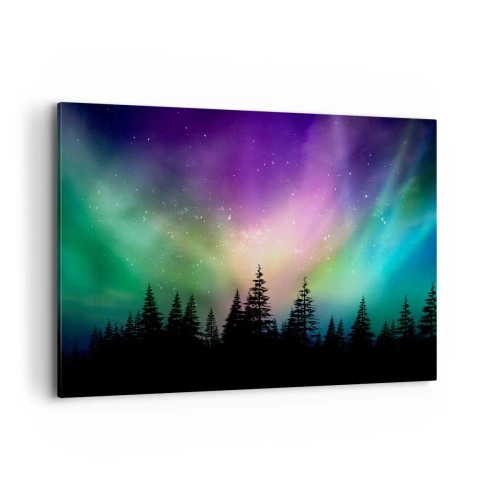 Quadro su tela - Stampe su Tela - Aurora boreale su una foresta con cielo stellato - 120x80cm - Magia bianca - Decorazione murale moderna per soggiorno e camera da letto ARTTOR