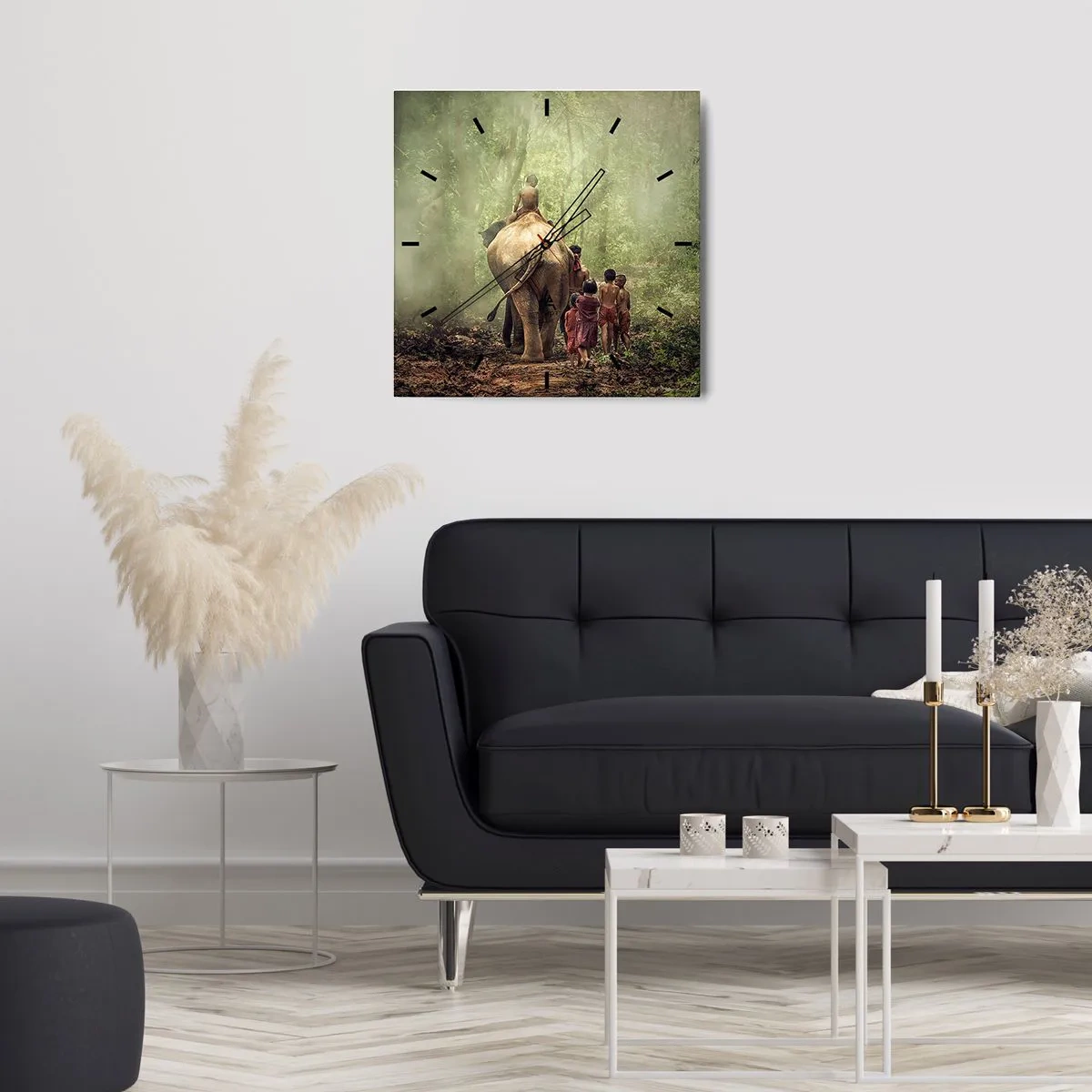 Orologio da parete - Orologio in Vetro - Bambini con un elefante in una foresta verde alla luce del mattino - 30x30cm - Il nuovo Libro della Giungla - Decorazione murale moderna per soggiorno e camera da letto ARTTOR