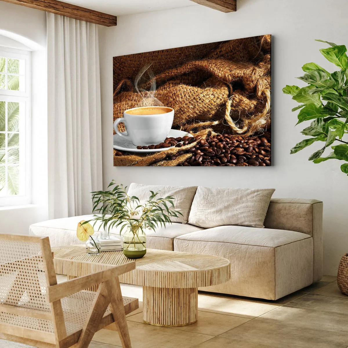 Quadro su tela - Stampe su Tela - Una tazza di caffè circondata da un sacchetto di chicchi di caffè - 120x80cm - L'odore di caffè con la schiuma del colore del miele - Decorazione murale moderna per soggiorno e camera da letto ARTTOR