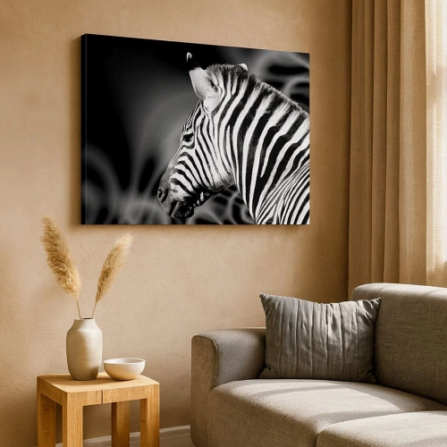 Quadro su tela - Stampe su Tela - Ritratto in bianco e nero di una zebra su uno sfondo di motivi astratti. - 70x50cm - Il bianco è bianco, il nero è nero - Decorazione murale moderna per soggiorno e camera da letto ARTTOR