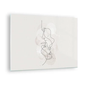 Quadro su vetro - Un disegno minimalista dei volti di due persone in un abbraccio sottile e sensuale. - 70x50cm - Intrecciati in un abbraccio - Decorazione murale moderna per soggiorno e camera da letto ARTTOR