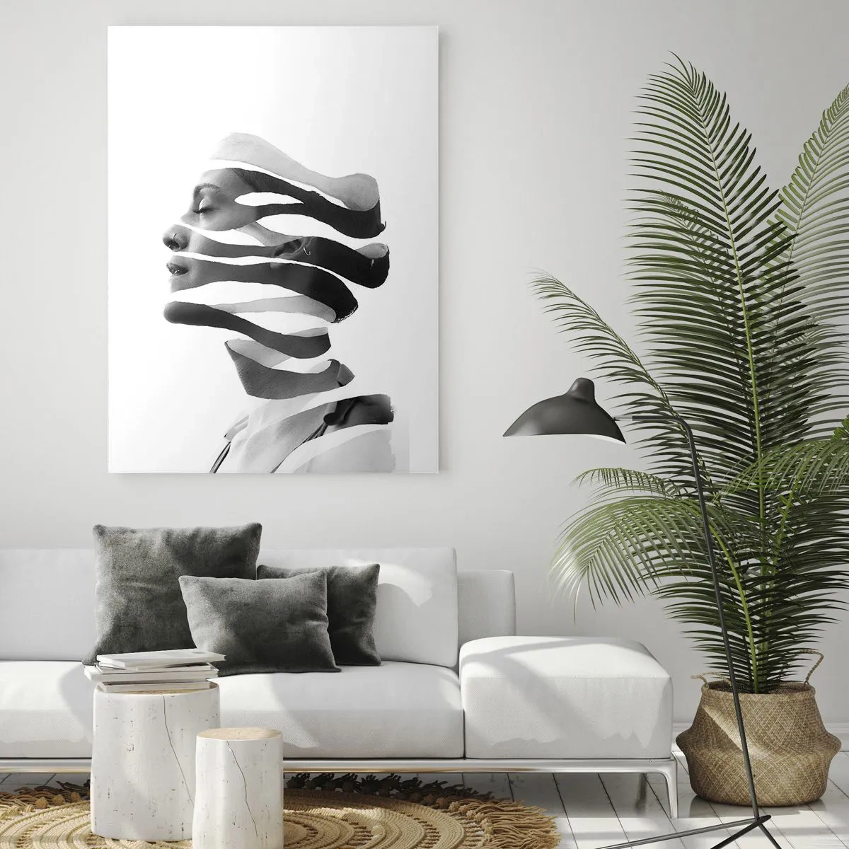 Quadro su vetro - Ritratto in bianco e nero di una donna con un effetto a strisce surreale - 80x120cm - Ritratto surrealista - Decorazione murale moderna per soggiorno e camera da letto ARTTOR