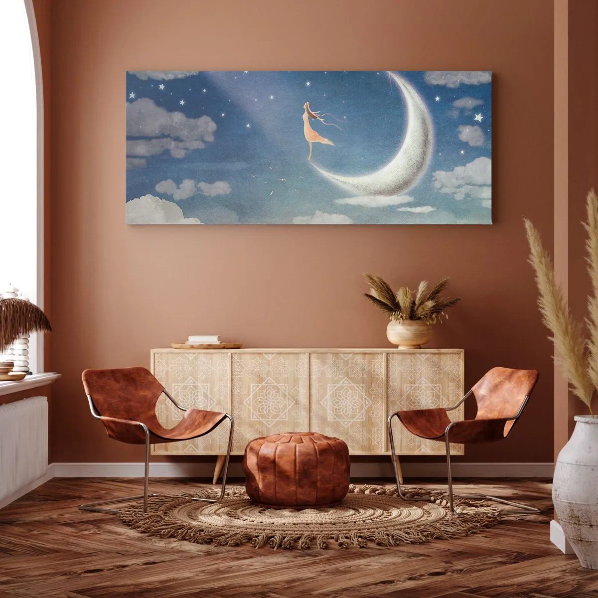 Quadro su tela - Stampe su Tela - Una donna sulla luna circondata da stelle e nuvole - 160x50cm - Seduttrice celeste - Decorazione murale moderna per soggiorno e camera da letto ARTTOR