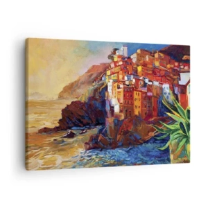 Quadro su tela - Stampe su Tela - Case colorate su una scogliera a picco sul mare - 70x50cm - Atmosfera italiana - Decorazione murale moderna per soggiorno e camera da letto ARTTOR