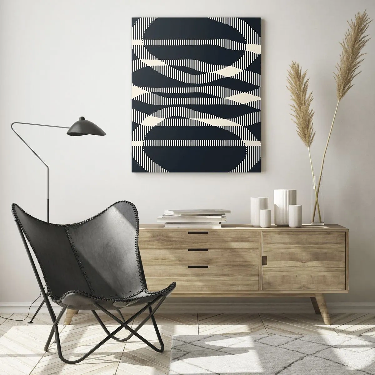 Quadro su vetro - Linee geometriche nei toni del nero e del beige - 50x70cm - Tentativo di rompere l'oscurità - Decorazione murale moderna per soggiorno e camera da letto ARTTOR
