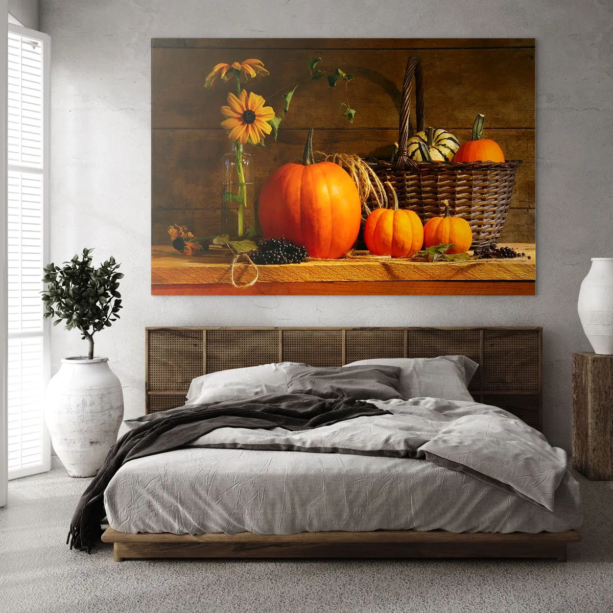 Quadro su vetro - Natura morta autunnale con zucche e fiori - 70x50cm - Composizione rustica: i doni dell'autunno - Decorazione murale moderna per soggiorno e camera da letto ARTTOR