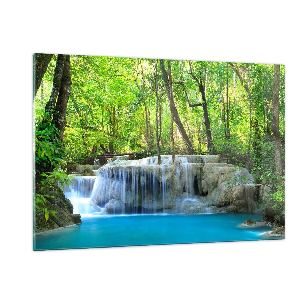 Quadro su vetro - Una cascata circondata da alberi verdi e acqua blu - 120x80cm - Annegare nel turchese e nel verde - Decorazione murale moderna per soggiorno e camera da letto ARTTOR