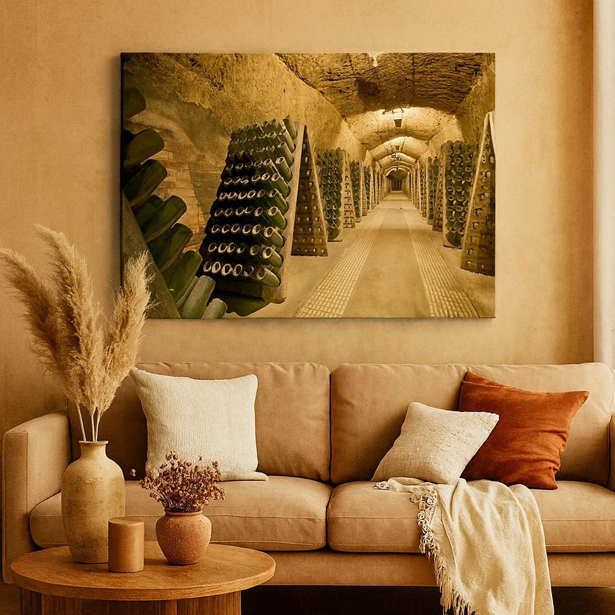 Quadro su tela - Stampe su Tela - Un vigneto con una cantina piena di bottiglie di vino esposte su scaffali di legno. - 70x50cm - Nascita del sapore - Decorazione murale moderna per soggiorno e camera da letto ARTTOR
