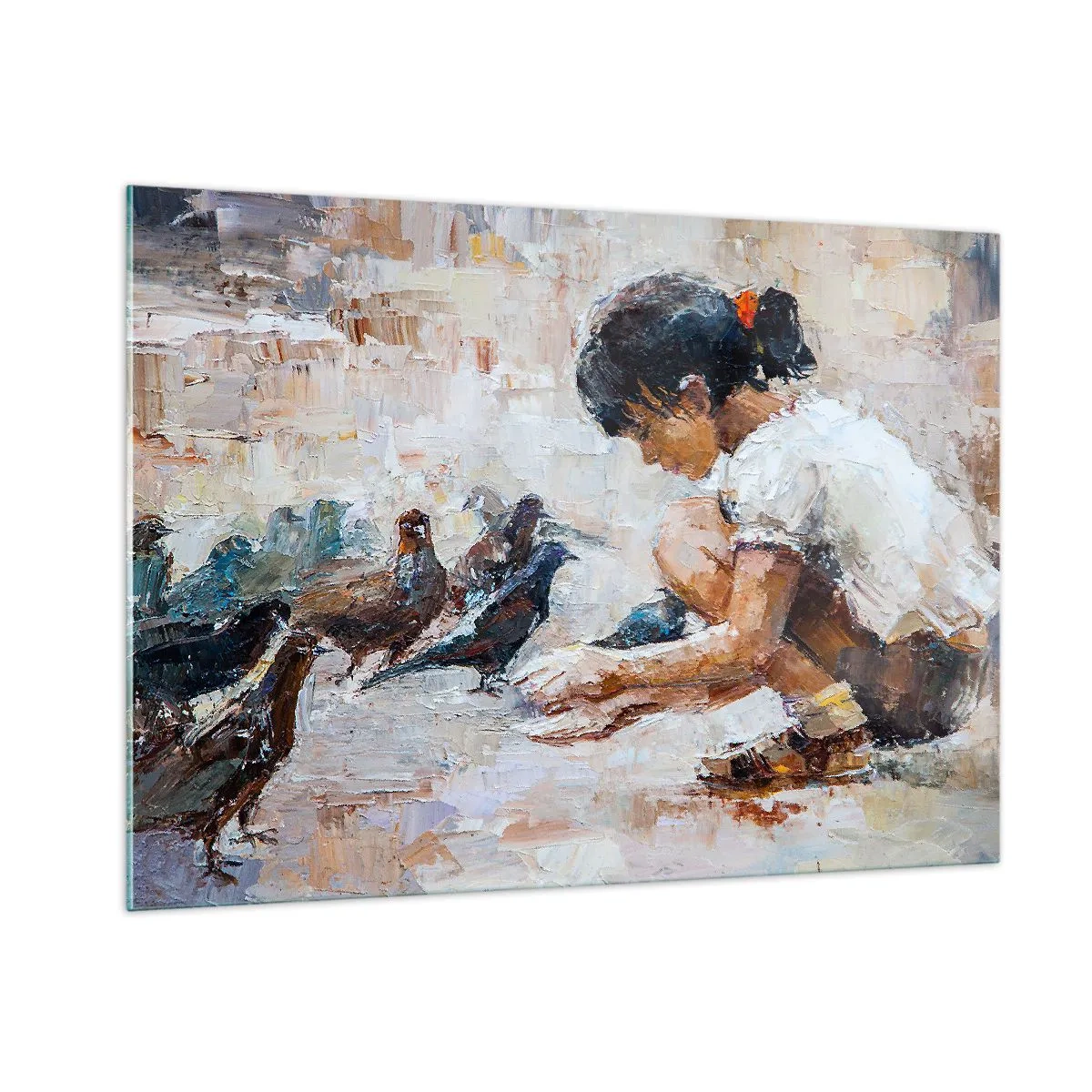 Quadro su vetro - Una ragazza che dà da mangiare agli uccelli su uno sfondo impressionistico - 100x70cm - Piccoli e gentili - Decorazione murale moderna per soggiorno e camera da letto ARTTOR