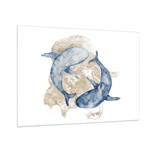 Quadro su vetro - Due balene blu su uno sfondo di macchie dorate astratte - 100x70cm - Amicizia o amore? - Decorazione murale moderna per soggiorno e camera da letto ARTTOR