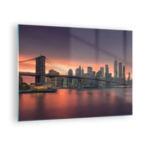 Quadro su vetro - Ponte di Brooklyn al tramonto - 70x50cm - Immersa nel silenzio lilla - Decorazione murale moderna per soggiorno e camera da letto ARTTOR