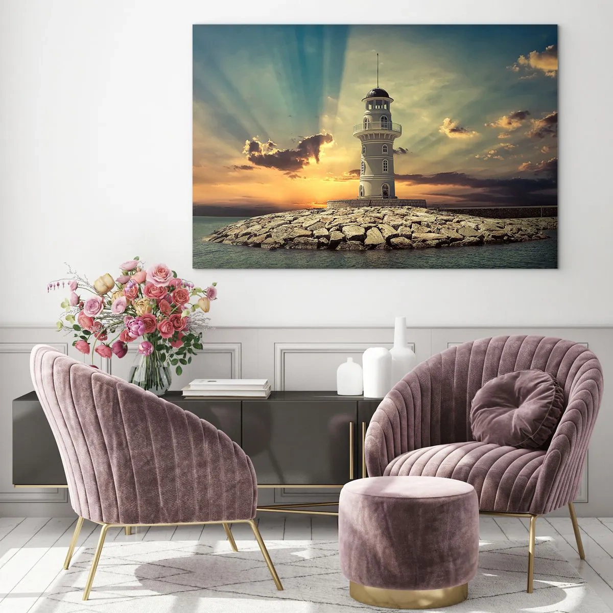 Quadro su vetro - Un faro sullo sfondo del sole al tramonto - 120x80cm - Luce - Bontà - Bellezza - Decorazione murale moderna per soggiorno e camera da letto ARTTOR