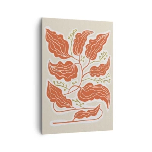 Quadro su tela - Stampe su Tela - Un motivo a foglie minimalista nelle tonalità dell'arancione e del verde. - 70x100cm - Folklore color corallo - Decorazione murale moderna per soggiorno e camera da letto ARTTOR