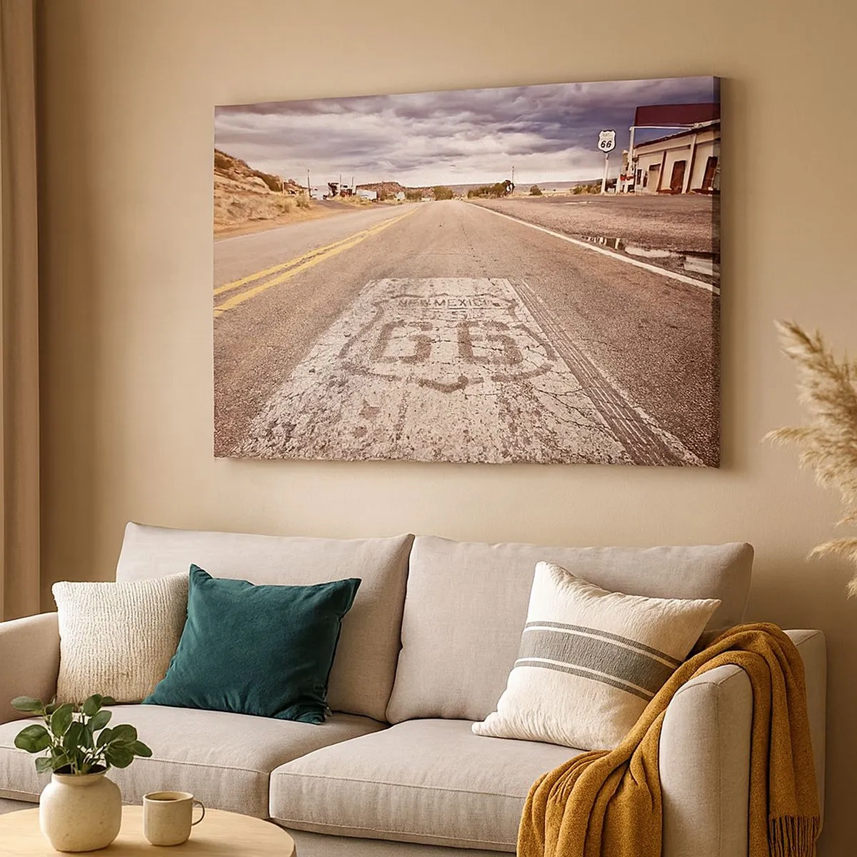 Quadro su tela - Stampe su Tela - Route 66 in un clima desertico con un cielo pittoresco - 70x50cm - La Route 66: una leggenda americana - Decorazione murale moderna per soggiorno e camera da letto ARTTOR