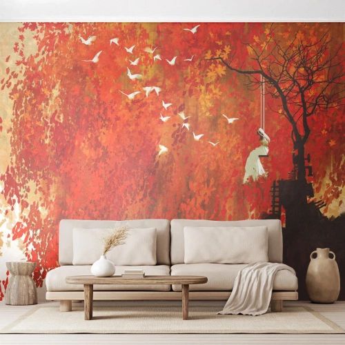 Fotomurali Premium Sand - Voli con noi? - Astrazione, Donna, Uccelli - 350x256 cm