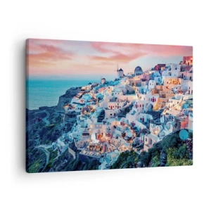 Quadro su tela - Stampe su Tela - Santorini al tramonto con edifici bianchi sulla collina - 70x50cm - La tua grossa vacanza greca - Decorazione murale moderna per soggiorno e camera da letto ARTTOR