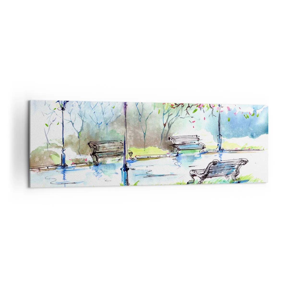 Quadro su tela - Stampe su Tela - Scena di parco ad acquerello con panchine e lampade - 160x50cm - Il fascino del silenzio del parco - Decorazione murale moderna per soggiorno e camera da letto ARTTOR